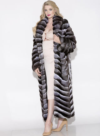 Chinchilla Fur Coat with Shawl Collar, Skin on Skin Side.
