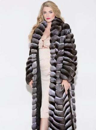 Chinchilla Fur Coat with Shawl Collar, Skin on Skin Side.