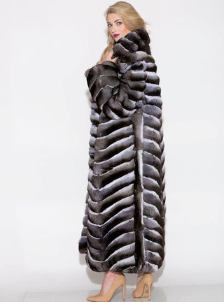 Chinchilla Fur Coat with Shawl Collar, Skin on Skin Side.