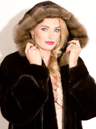 Mink Fur Stroller with Sable Fur Trimmed Hood.
