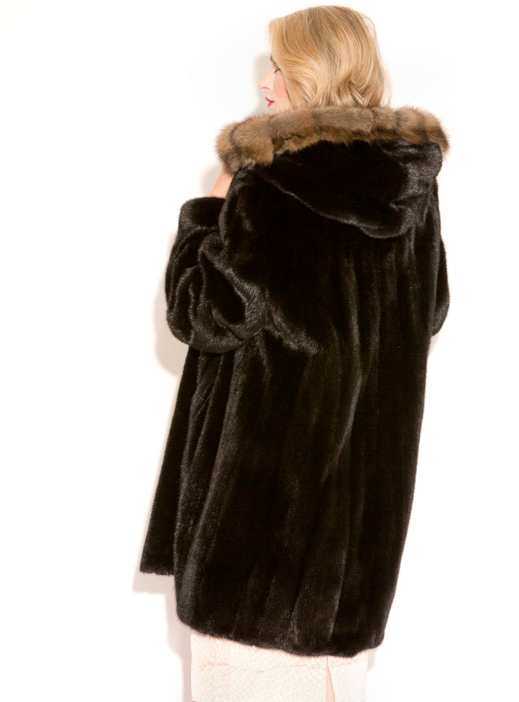 female mink fur stroller with sable fur trim hood