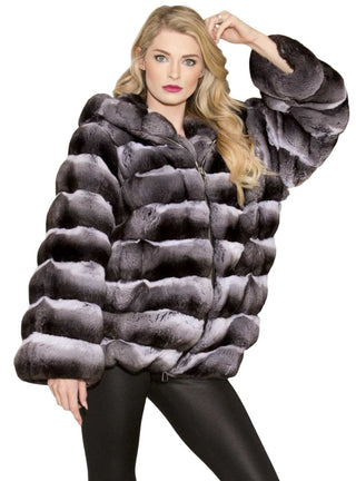 Chinchilla Fur Bomber Jacket with Hood.