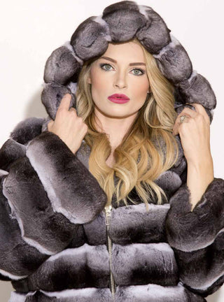 Chinchilla Fur Bomber Jacket with Hood.