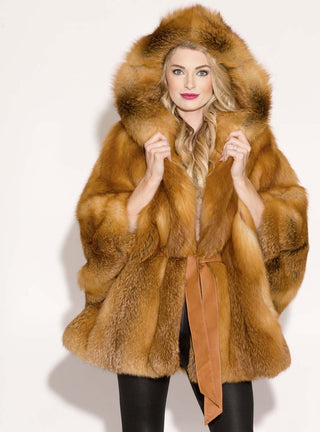 Natural Red Fox Fur Cape with Hood & Leather Belt.