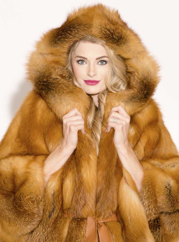 natural red fox fur cape with hood