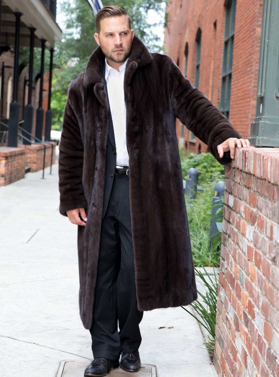 Mens Mink Fur Coat Black with Mahogany Collar