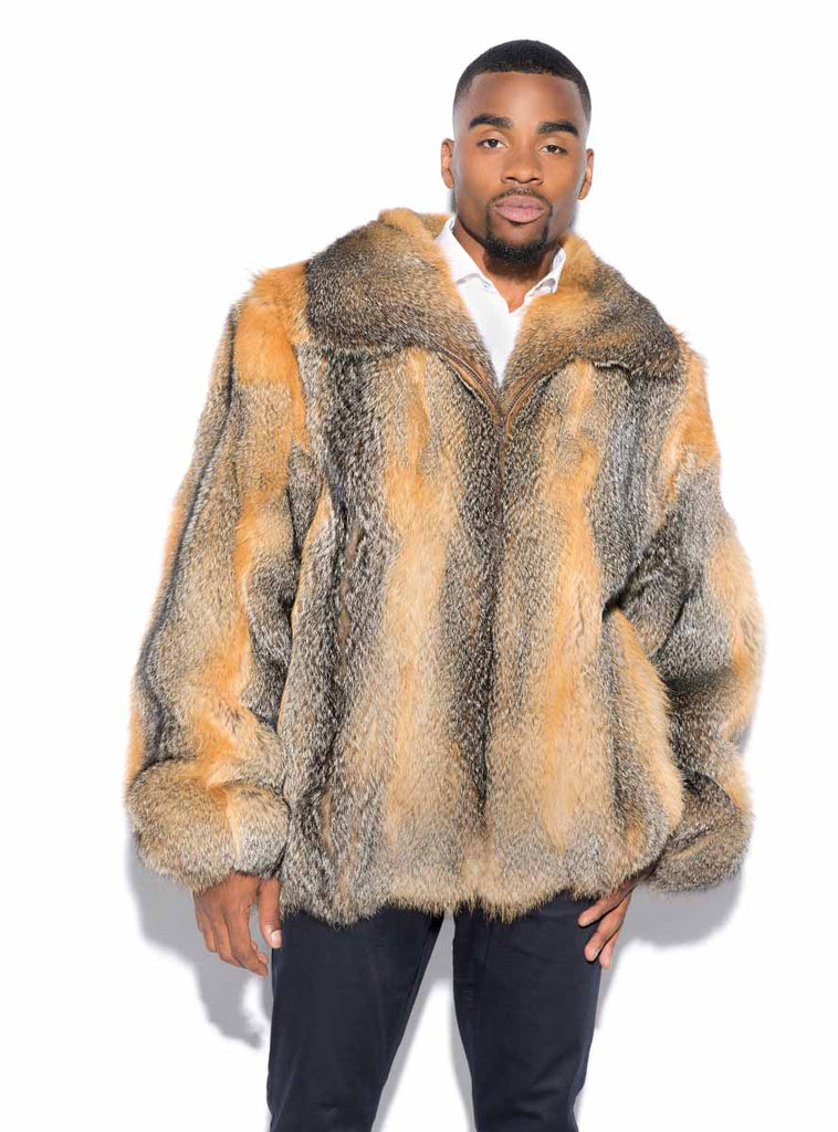Men's Full Skin Grey Fox Fur Bomber Jacket with Optional Hood