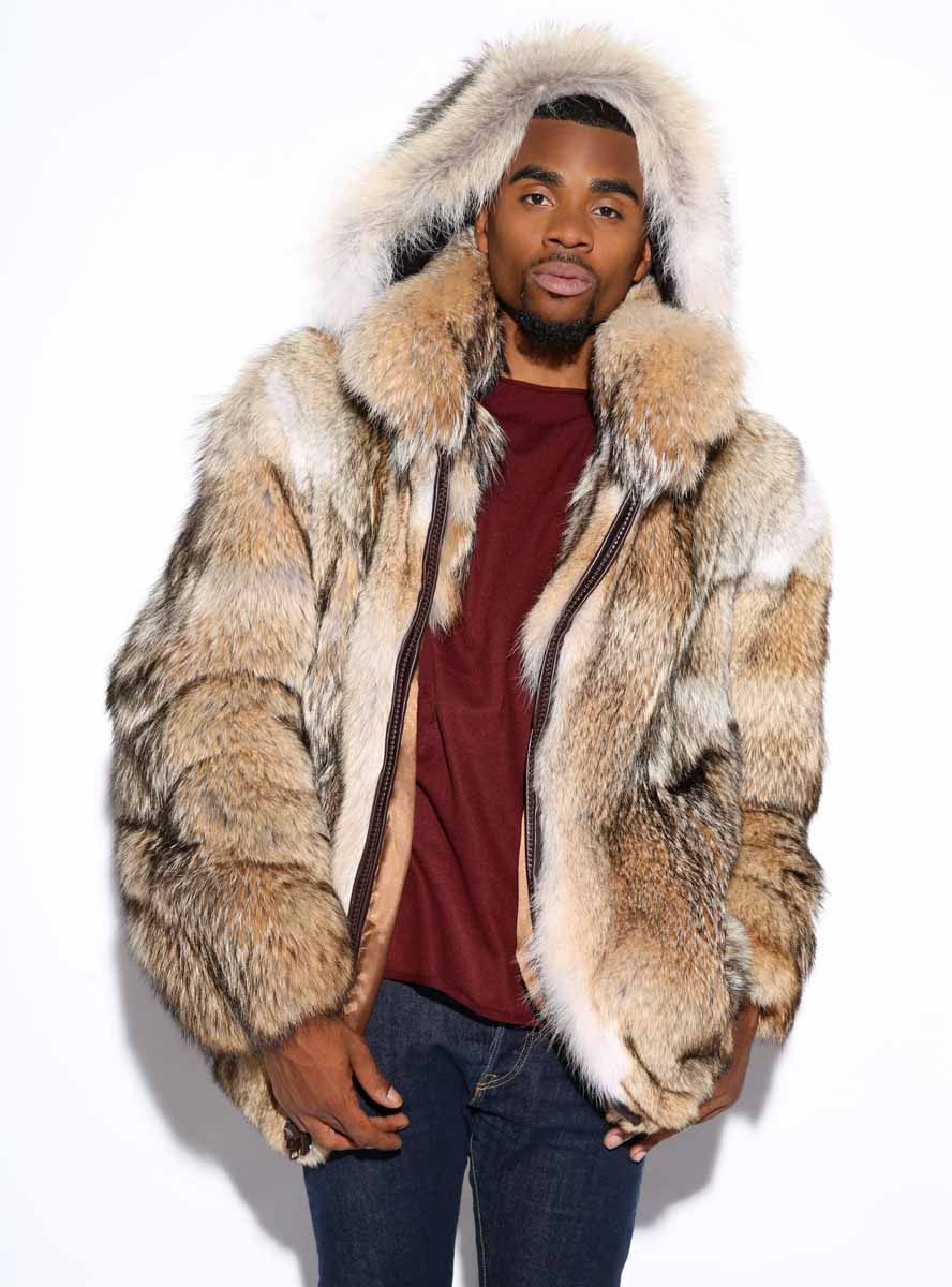 Coyote Fur Coat for Men Mens Winter Jacket Bomber Hooded 