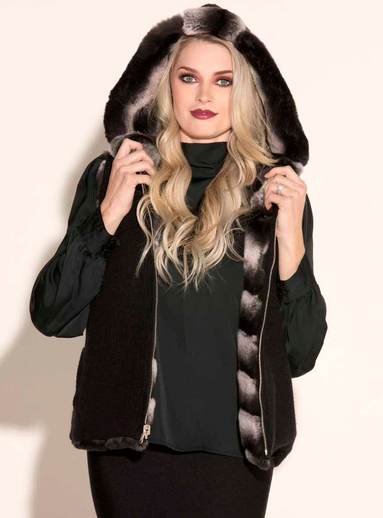 reversible chevron rabbit fur vest with hood