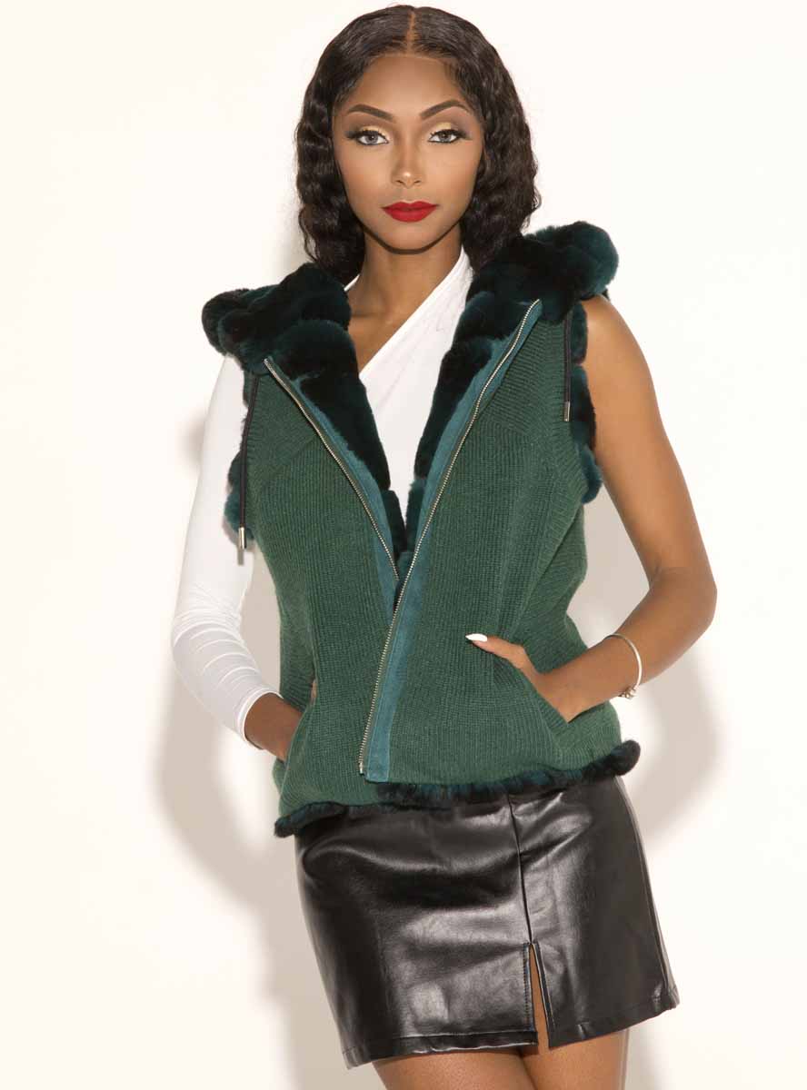 Reversible Chevron Rex Rabbit Fur Vest with Hood Henig Furs