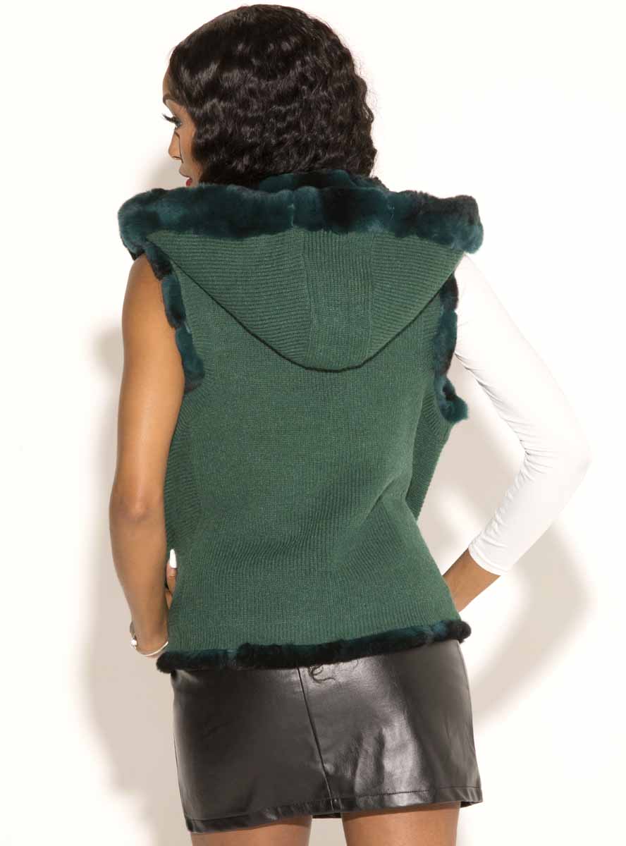 Reversible Chevron Rex Rabbit Fur Vest with Hood Henig Furs