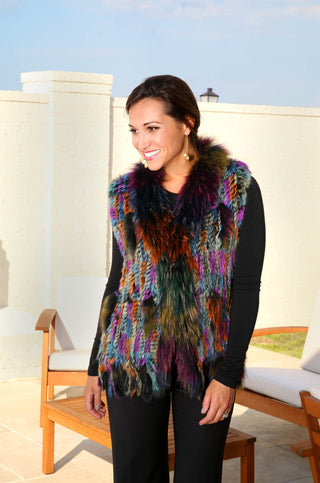 Knitted Rabbit Fur Vest with Raccoon Fur inserts.