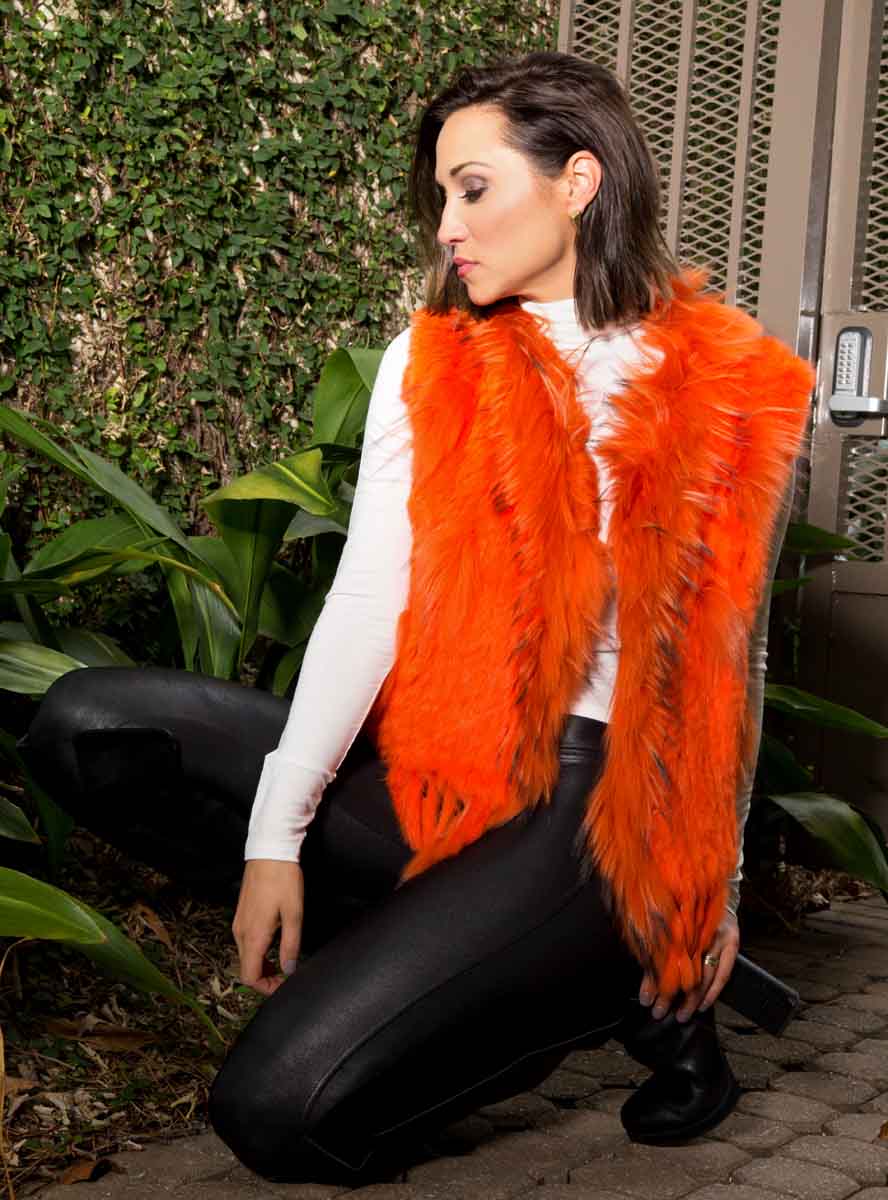 Knitted Rabbit Fur Vest with Raccoon Fur Inserts Orange / L/XL