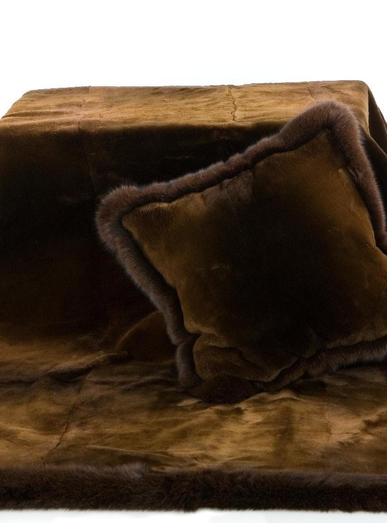 Golden Brown Sheared Beaver Blanket with Brown Fox Fur Trim