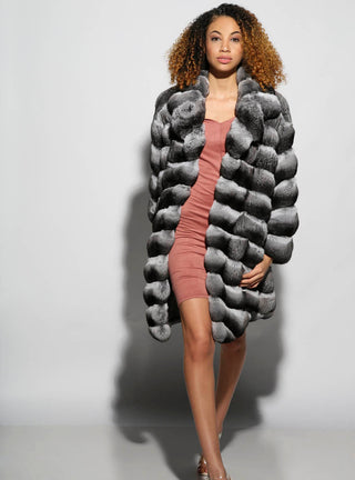 USA Made Chevron Chinchilla Fur Stroller with Shawl Collar.