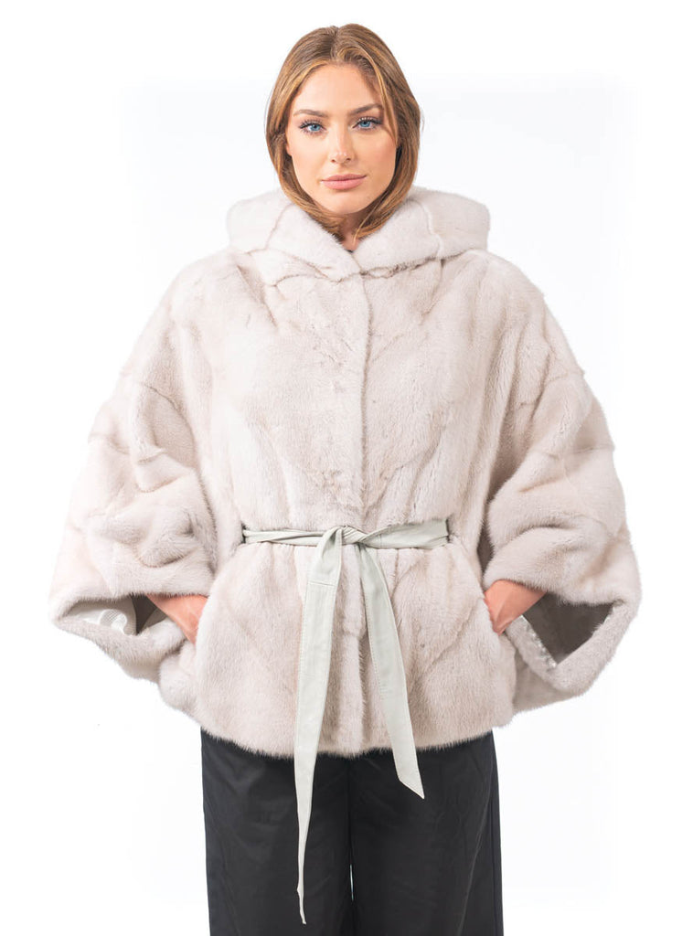 Women's SAGA Mink Fur Cape with Hood and Detachable Belt