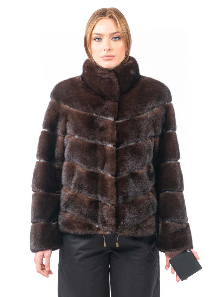 Women's Mahogany SAGA Mink Fur Jacket with Horizontal Pattern