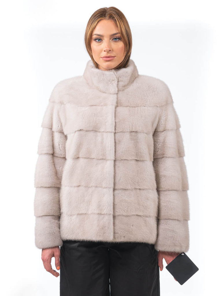 Women's Horizontal Pattern SAGA Mink Fur Jacket with Mandarin Collar
