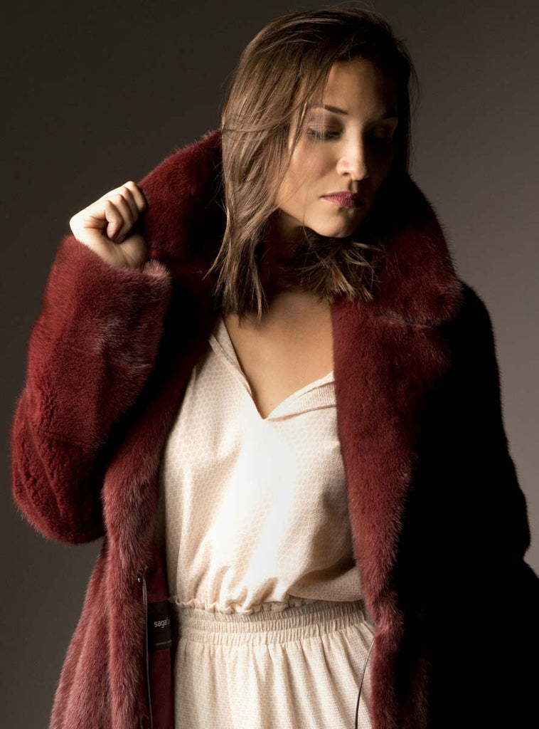 women's burgundy mink fur coat