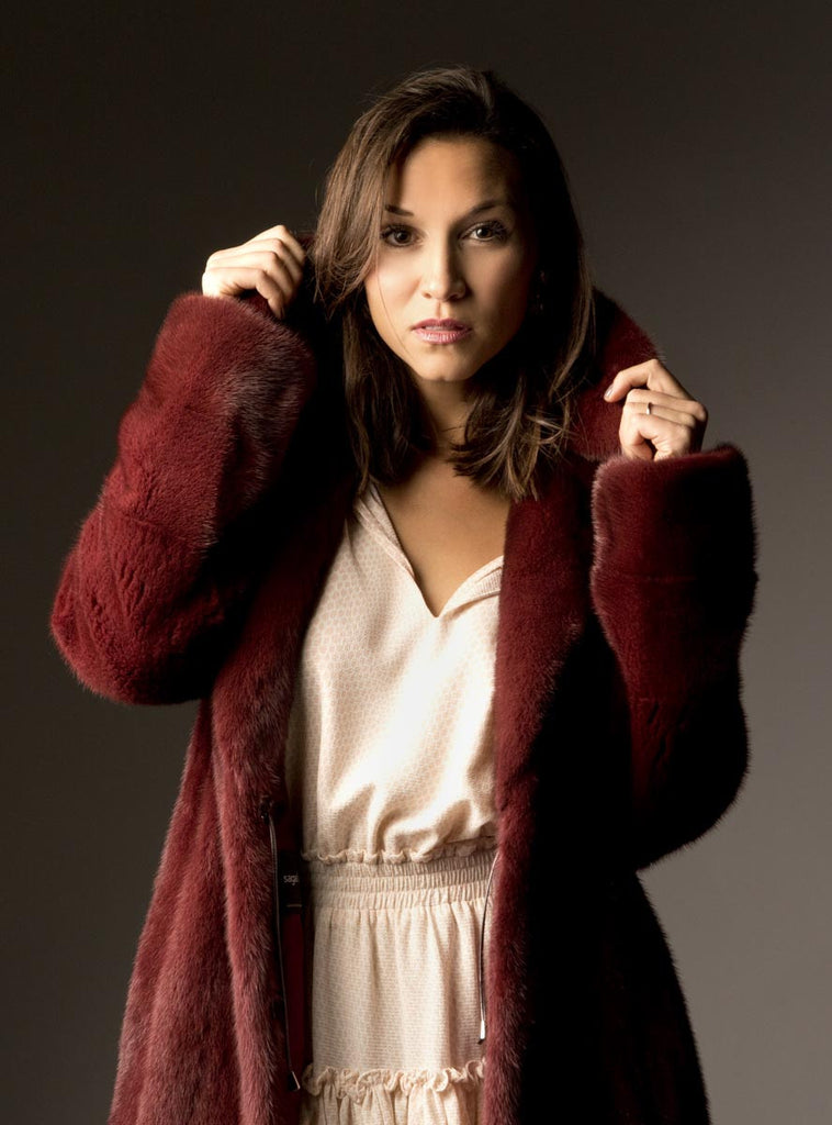 women's burgundy mink fur coat