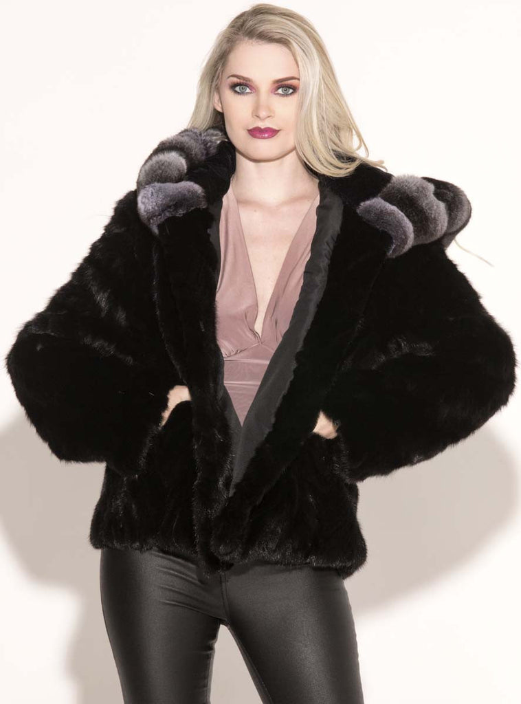 ranch sectioned mink jacket with chinchilla hood