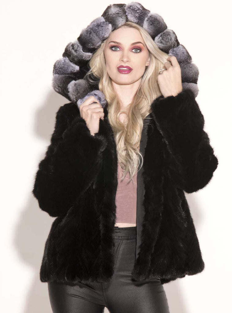 ranch mink jacket with chinchilla trimmed hood