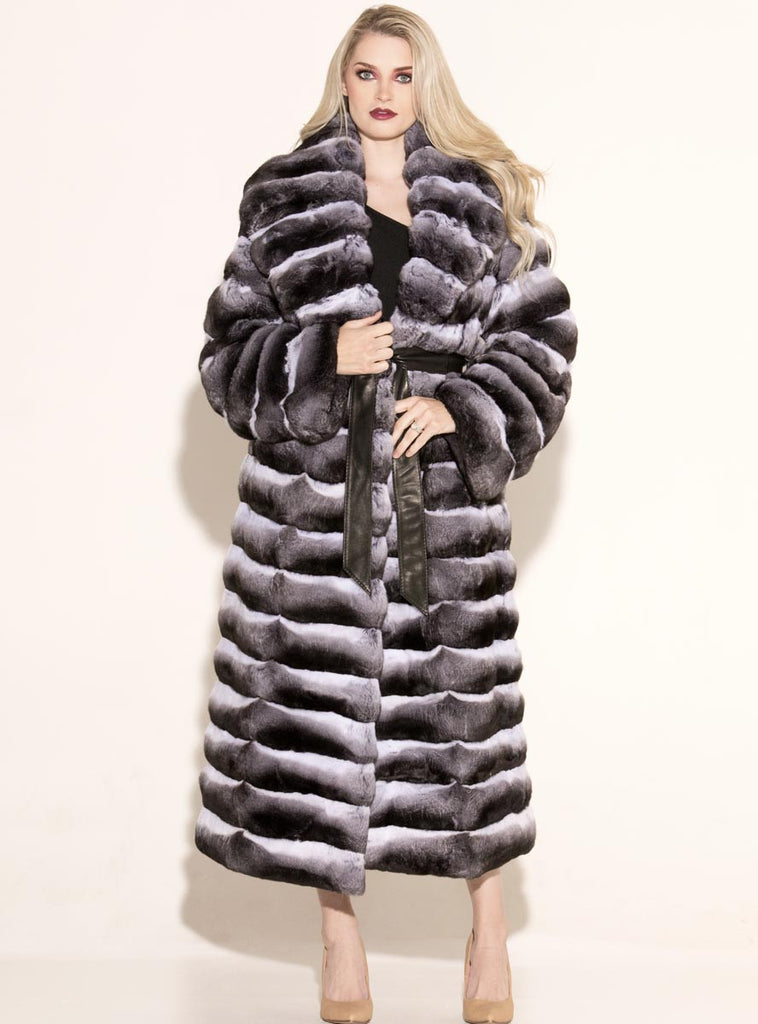 Natural Chinchilla Fur Coat with Detachable Leather Belt