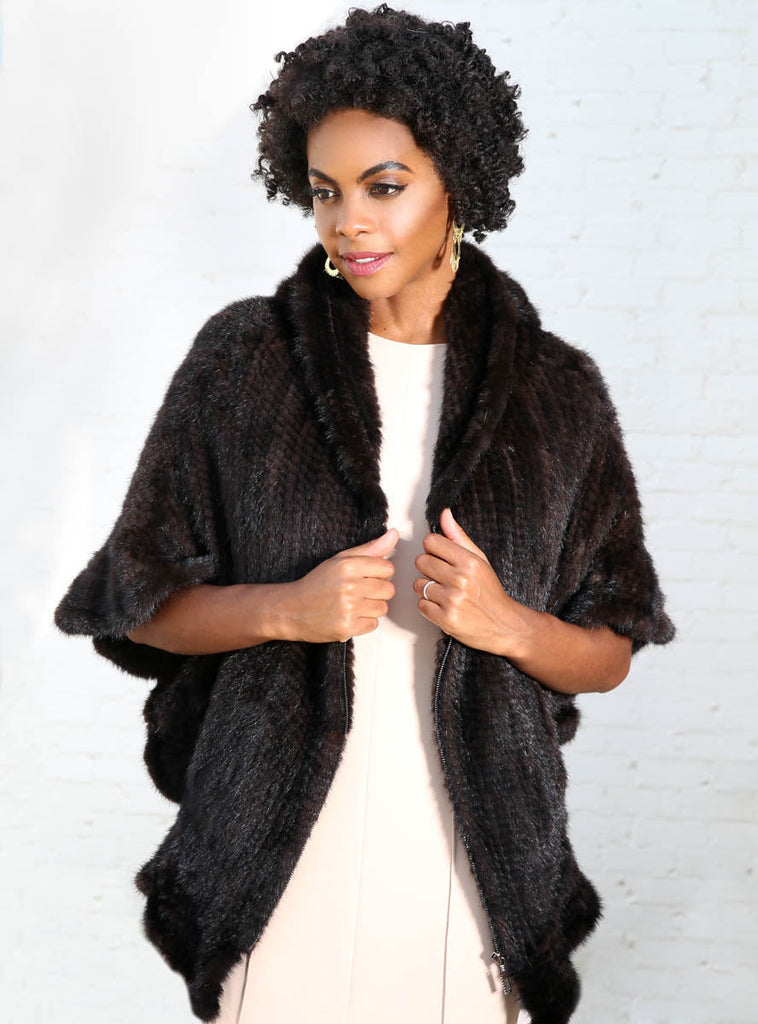 mahogany knitted mink fur cape with hood and zip front