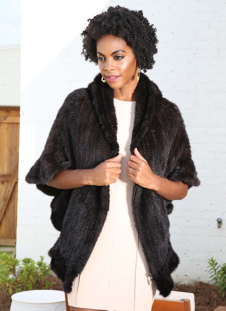 Mahogany Knitted Mink Fur Cape with Hood & Zip Front