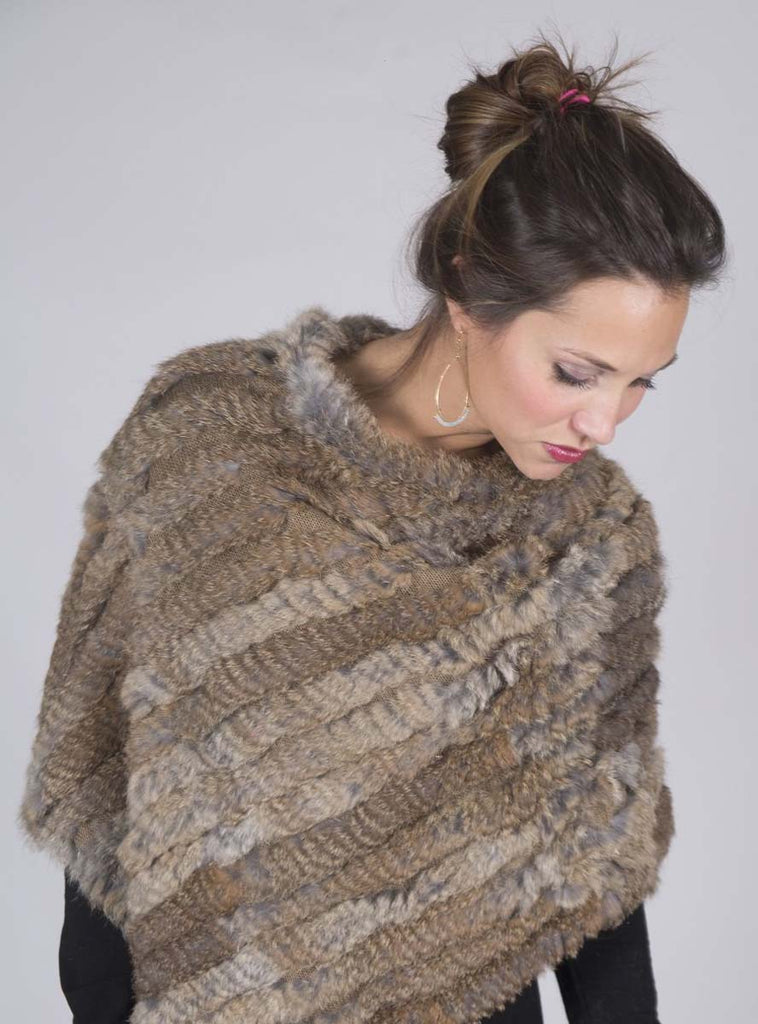 Women's Natural Brown Knitted Rabbit Fur Poncho with Fringe