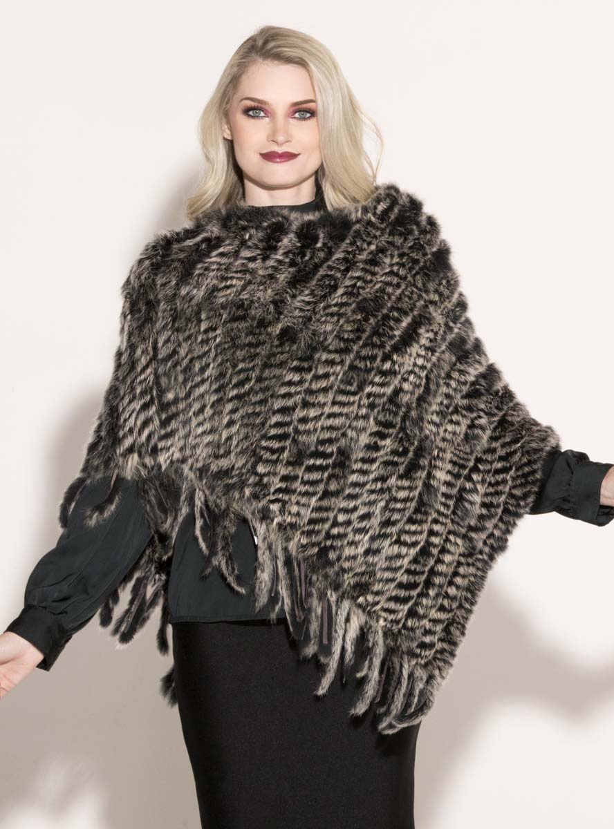 Women's Knitted Rabbit Fur Poncho with Fringe – Henig Furs