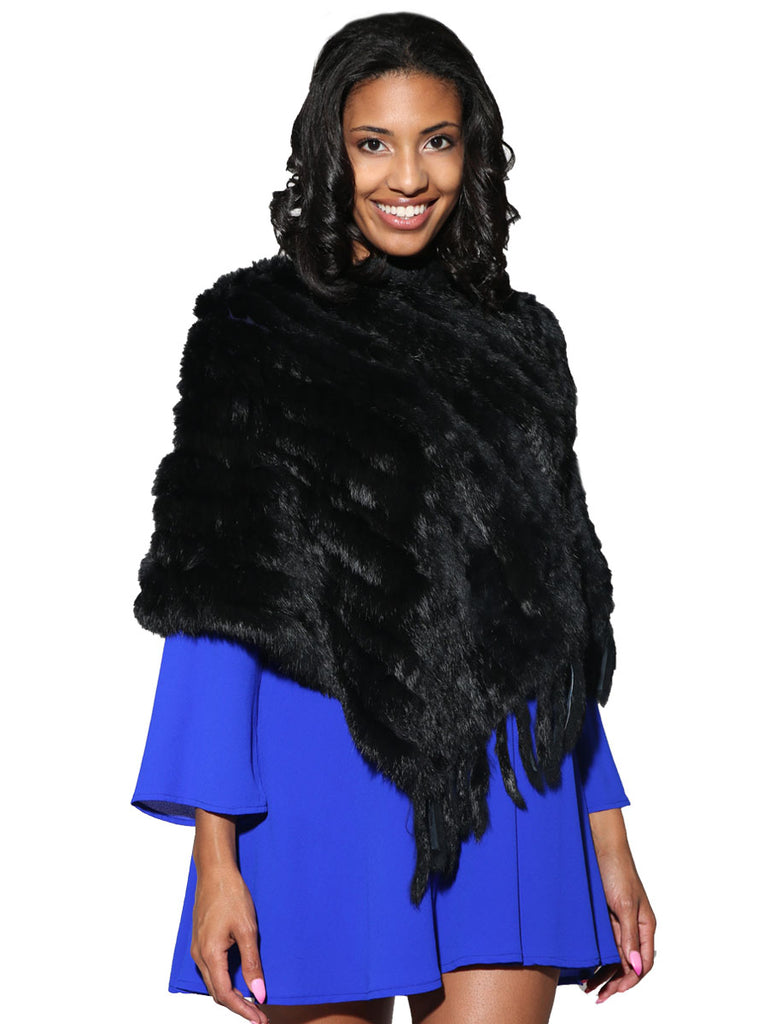 Women's Black Knitted Rabbit Fur Poncho with Fringe