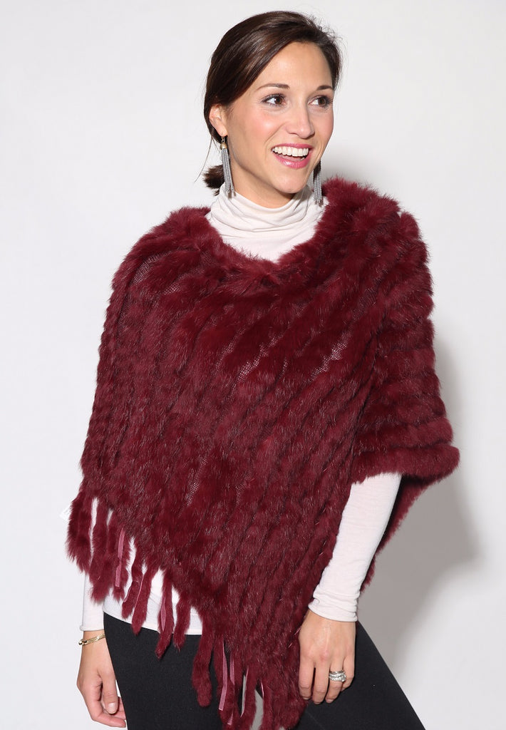 Women's Burgundy Knitted Rabbit Fur Poncho with Fringe