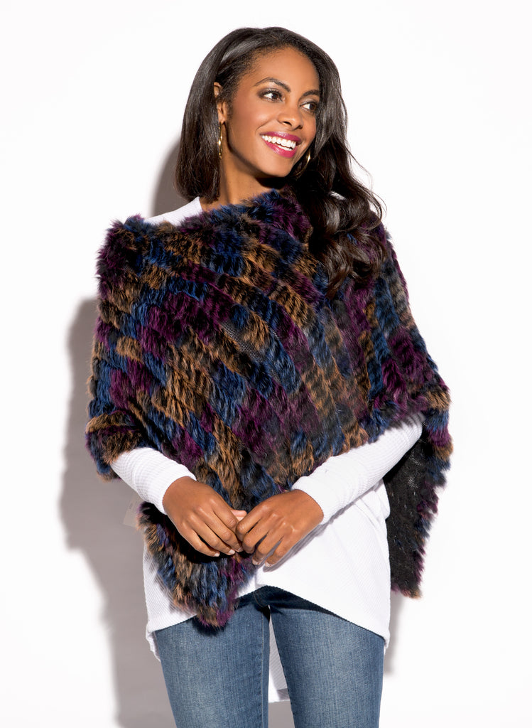 Multicolor Knitted Rabbit Fur Poncho with Fringe (Varies)
