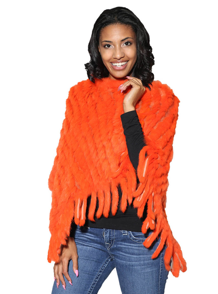 Women's Orange Knitted Rabbit Fur Poncho with Fringe
