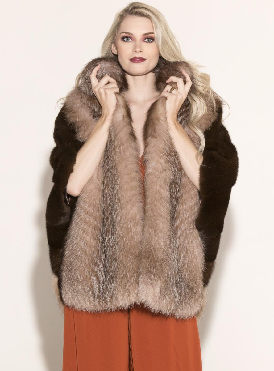 Women's SAGA Mink Fur Cape with Fox Fur