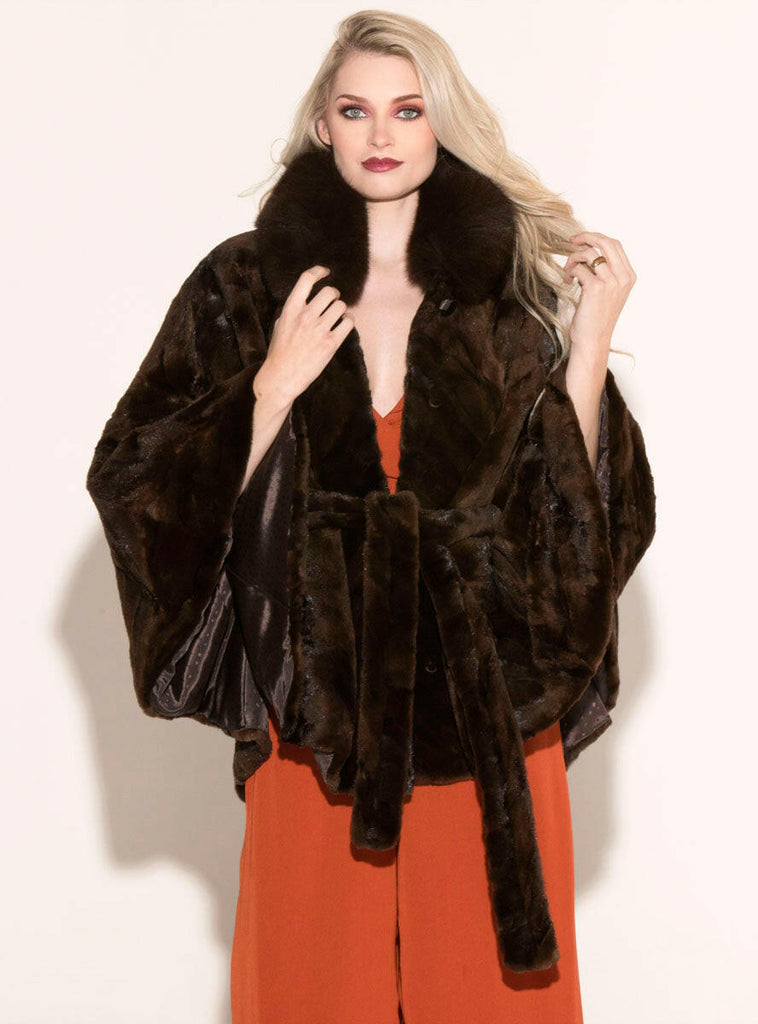 brown mink fur cape with brown fox collar