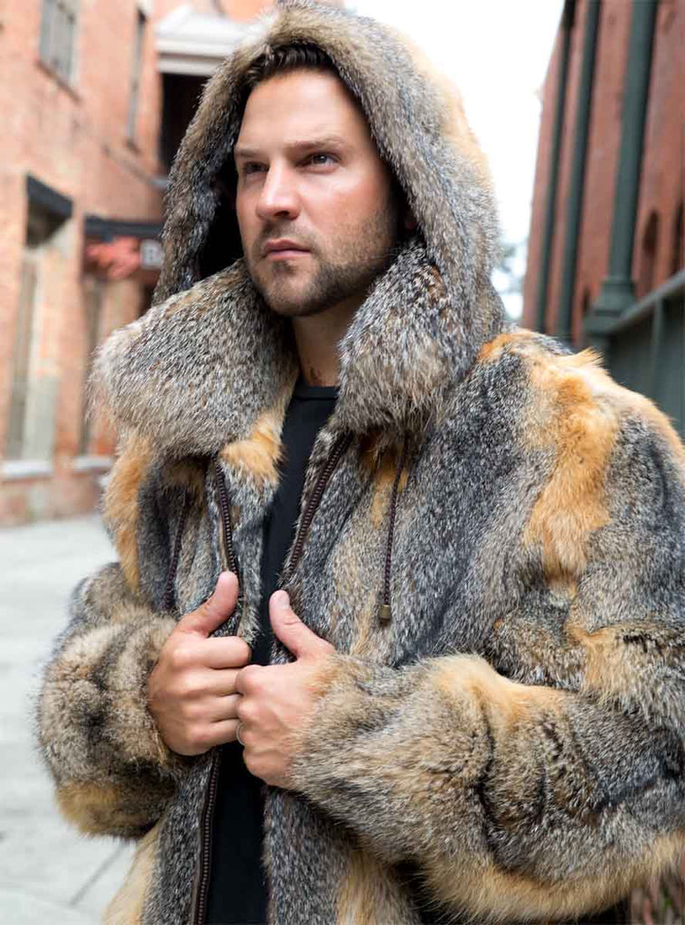 Men's Full Skin Grey Fox Fur Bomber Jacket with Optional Hood
