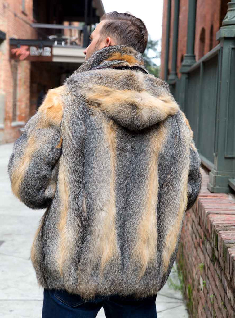 Men's Full Skin Grey Fox Fur Bomber Jacket with Optional Hood