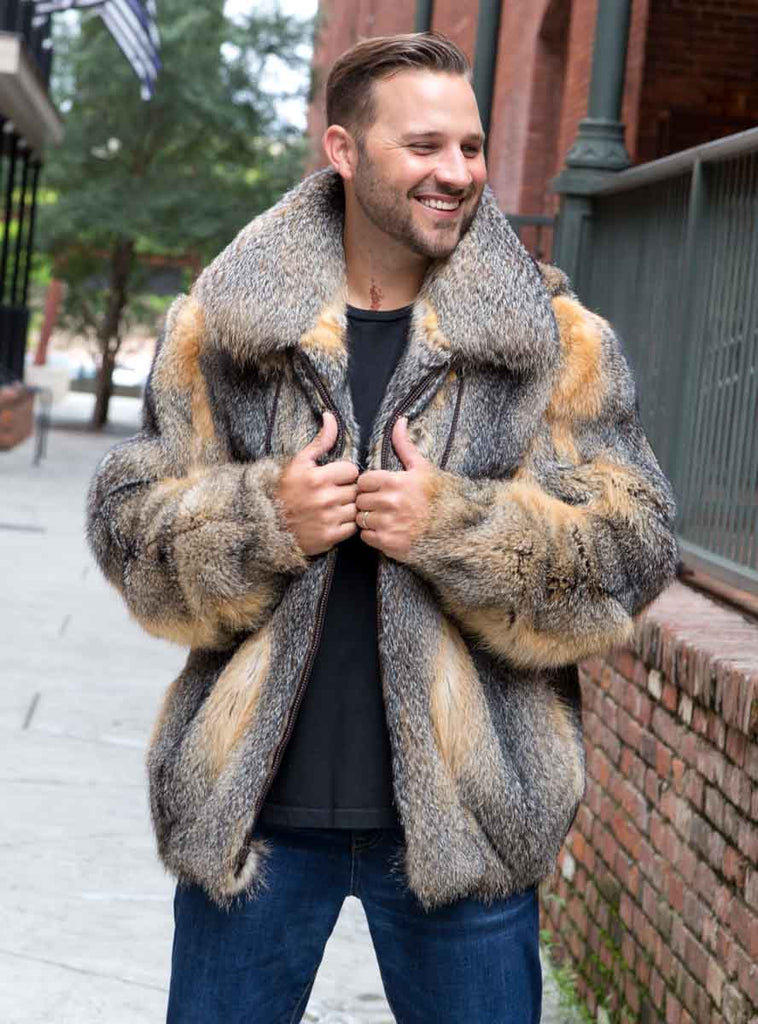 Men's Full Skin Grey Fox Fur Bomber Jacket with Optional Hood