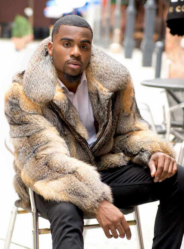 Men's Full Skin Grey Fox Fur Bomber Jacket with Optional Hood