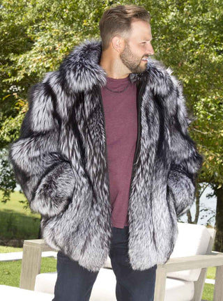 Men's Full Skin Silver Fox Fur Bomber Jacket.