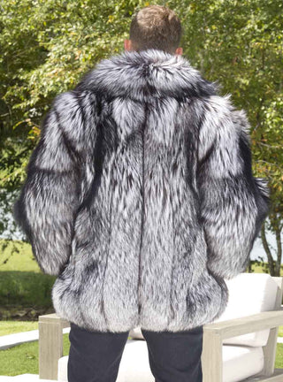 Men's Full Skin Silver Fox Fur Bomber Jacket.