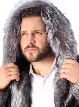 Men's Full Skin Silver Fox Fur Bomber Jacket.