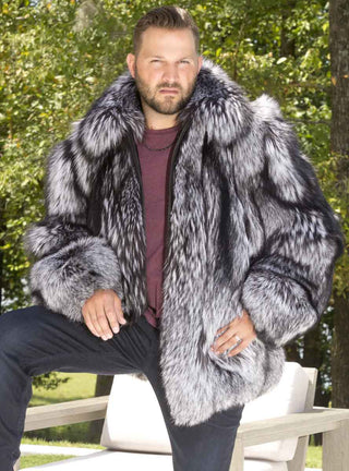 Men's Full Skin Silver Fox Fur Bomber Jacket.