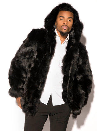 Men's Black Fox Fur Bomber Jacket.