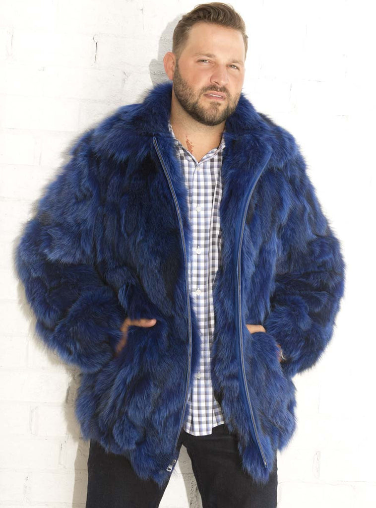men's blue fur jacket