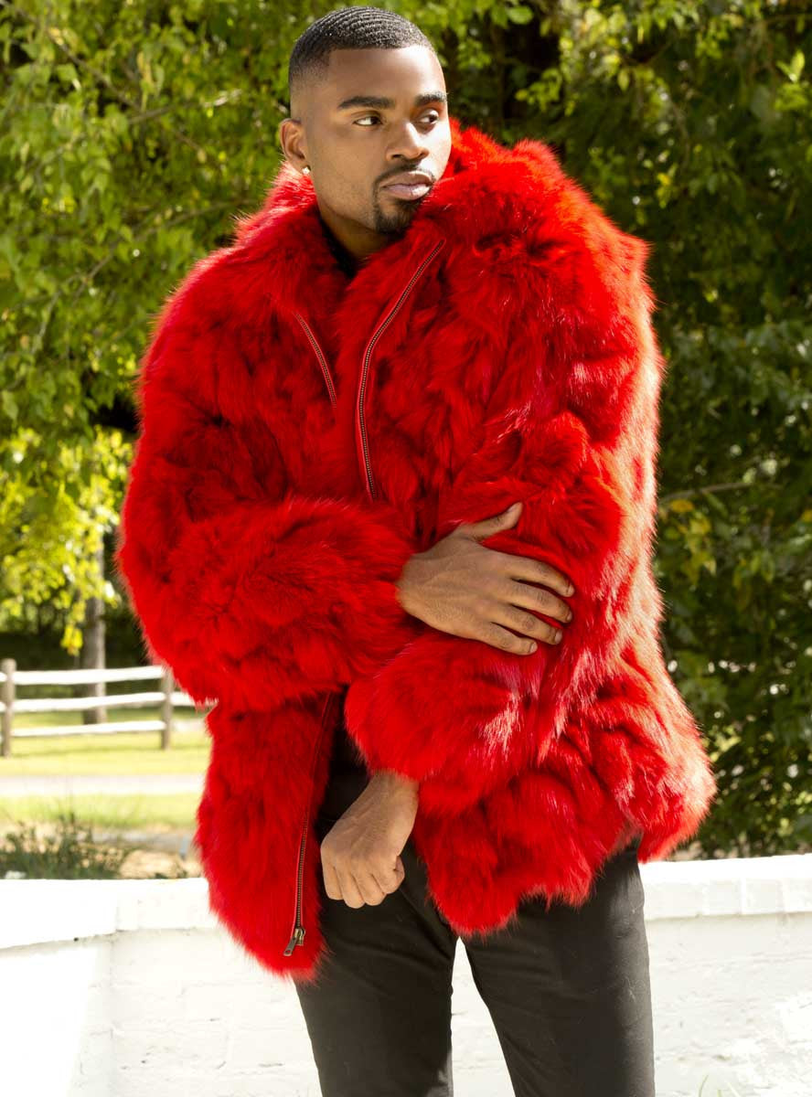 Mid Length Red Fox Fur Coat for Men