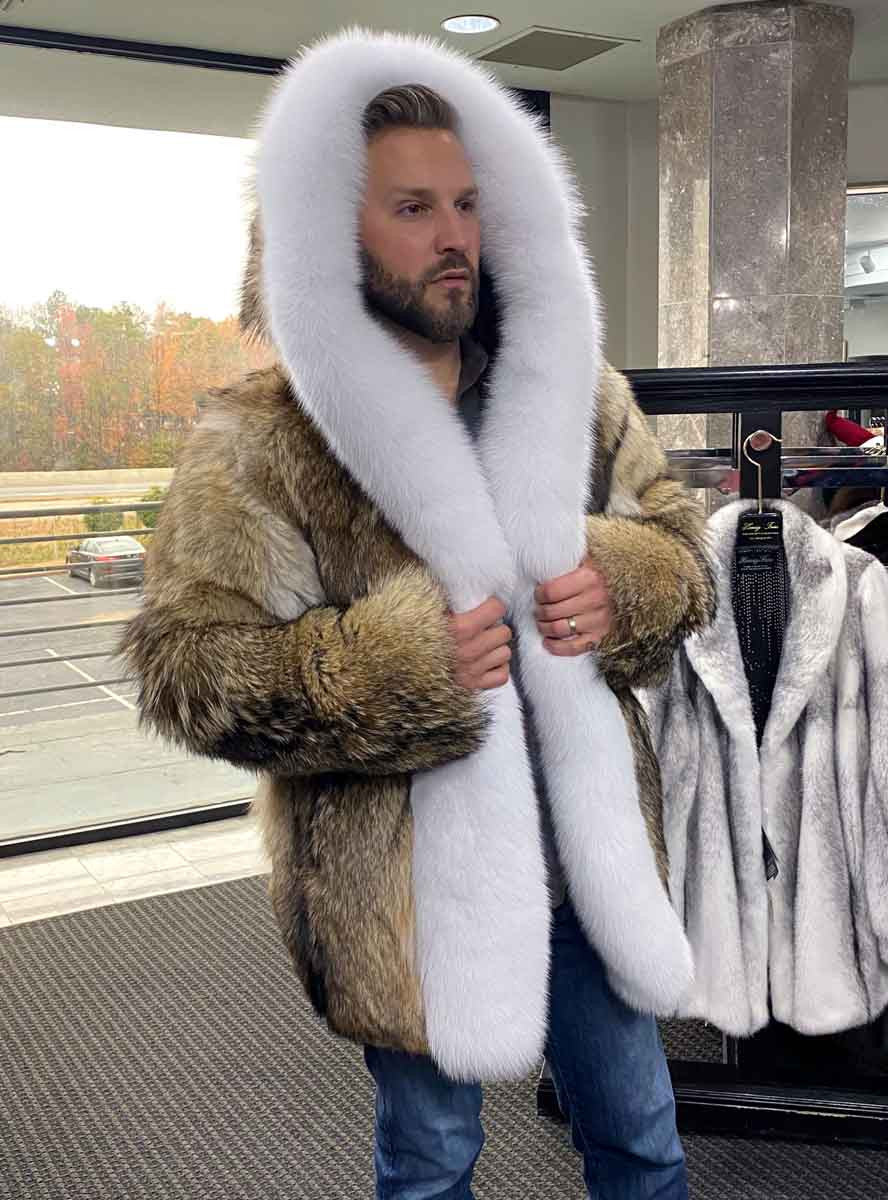 Custom Made Coyote Fur Jacket with Hood and Fox Fur Trim