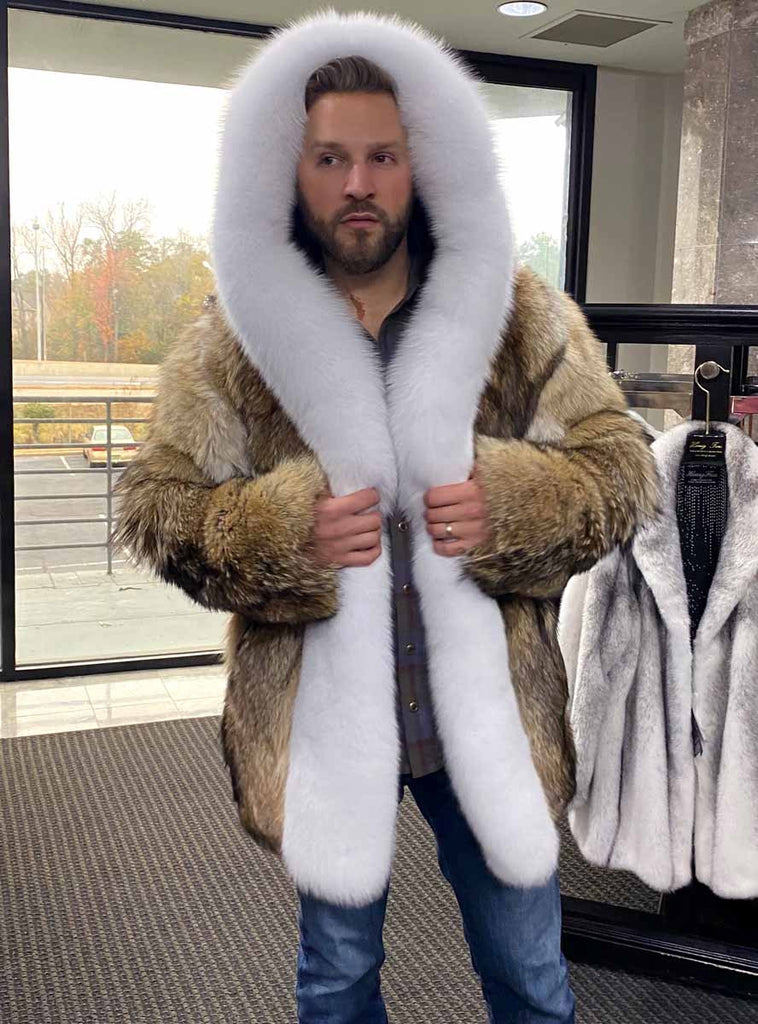 Custom Made Coyote Fur Jacket with Hood and Fox Fur Trim | Henig Furs